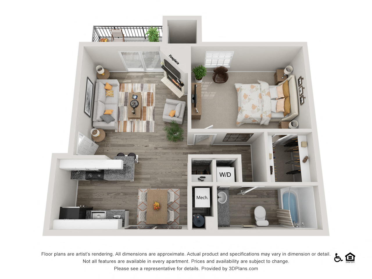 Floor plan for 1 bed, 1 bath, 735 sqft